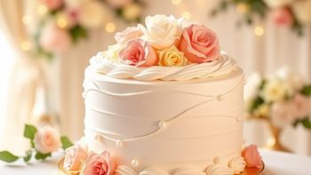 Весільний торт із білим кремом, квітами та золотим декором